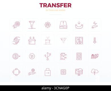 Refined bundle featuring 24 Thin Line vector icons for Transfer, optimized with 128x128 PIXEL perfect quality for elegant and functional design soluti Stock Vector