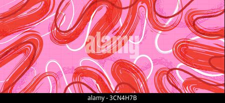 Abstract Background with Red Brush Stroke Pattern and White Lines on Pink Background Stock Vector