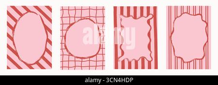 Abstract pink red frames with checkered, striped, wavy doodle outlines. Retro hand drawn borders for Valentine notes, kids party invitations Stock Vector
