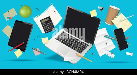 Laptop computer, smartphone, tablet and office supplies while levitating in the air on a blue background. Vector illustration. Stock Vector