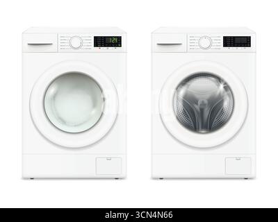 Two washing machines. Realistic empty and working washing machines isolated on white background. Vector illustration. Stock Vector