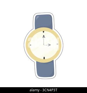 Stylized wristwatch with blue strap and round face showing 3:00. Great for visuals about time, punctuality, schedules, daily routines, or educational Stock Vector