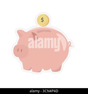 Cute pink piggy bank with gold coin icon. Ideal for savings, finance, budgeting, banking, and money management themes. Clean vector style for apps, in Stock Vector