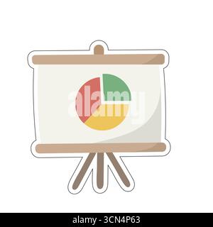 Cartoon-style pie chart on easel with red, green, and yellow segments. Perfect for presentations, analytics, business strategy, and educational visual Stock Vector