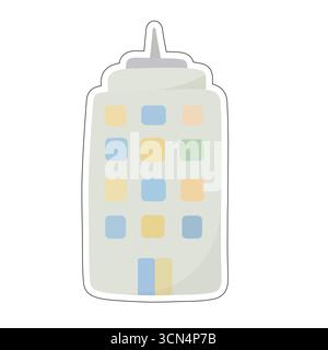 Simplified multi-story building with pastel windows and pointed top. Great for visuals about city life, office spaces, architecture, business hubs, or Stock Vector
