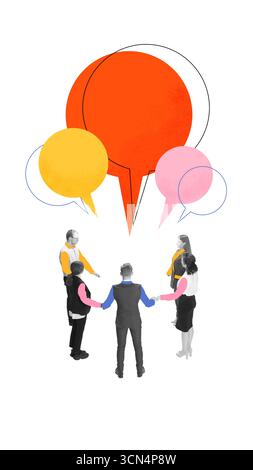 Bright collage. Team of business people in circle holding hands under colorful speech bubbles Stock Photo