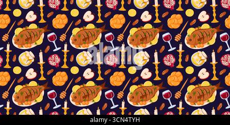 Seamless pattern with roasted fish, challah bread, apple, pomegranate, honey, candle, kiddush wine and dates symbolizing traditional jewish holiday Stock Vector
