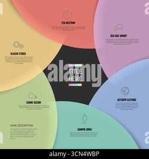 This infographic template features a minimalist design with six colorful sections radiating from a central text box. The infographic template is ideal Stock Vector