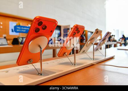 BANGKOK, THAILAND - Sep 19, 2025 :A new iPhone17pro max is displayed at the Apple Store ICONSIAM shopping mall Stock Photo