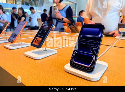 BANGKOK, THAILAND - Sep 19, 2025 :A new iPhone17pro max is displayed at the Apple Store ICONSIAM shopping mall Stock Photo