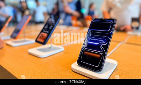 BANGKOK, THAILAND - Sep 19, 2025 :A new iPhone17pro max is displayed at the Apple Store ICONSIAM shopping mall Stock Photo