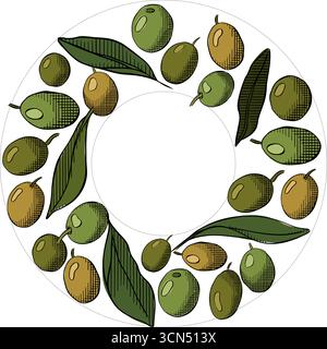 Olive green berry and leaves circle round frame template. Vector graphic line ink colored illustration. Healthy food, natural organic cosmetics for in Stock Vector