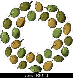 Olive berry circle round frame template. Vector graphic line ink colored illustration. Italian food. Olives wreath for Mediterranean diet. for invitat Stock Vector