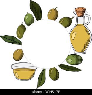 Olive oil, green berry and leaves circle round frame template. Vector graphic line ink colored illustration. Leaves and berry round frame. Extra virgi Stock Vector