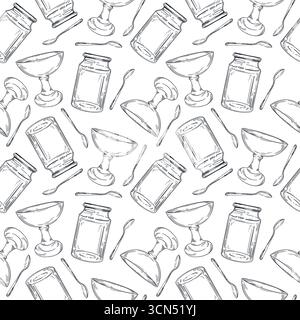 Seamless vector pattern of empty dishes, glass jar for preservation, jam vase, teaspoon. All objects are hand-drawn with ink. Suitable for printing on Stock Vector