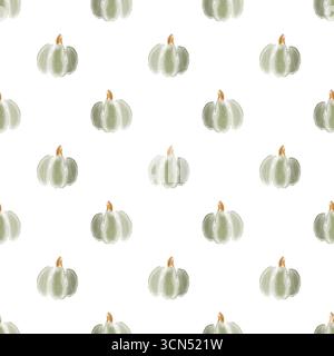 Green watercolor pumpkins seamless pattern on white background. Simple hand drawn farm vegetables for fabric, wallpaper, wrapping paper and digital pr Stock Photo
