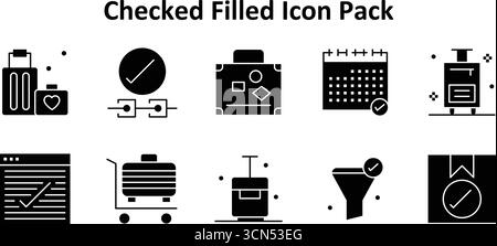 Collection of 10 icons in Solid Filled style based on the Checked theme. Ideal for digital and creative uses. Stock Vector