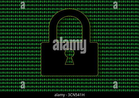 A digital padlock icon set against a green background, illuminated by cascading streams of binary code Stock Photo