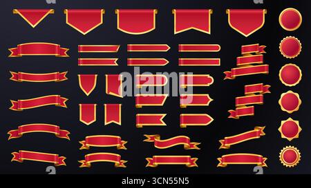 Golden red ribbon label. Luxury premium quality vintage royal badges with decorative scrolls and ribbons, luxury certificate stickers. Vector red gold Stock Vector