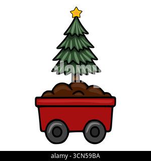 Festive vector illustration of a Christmas tree planted in a red toy wagon, featuring a golden star on top, against a white background. Stock Vector