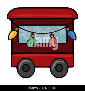 Festive Christmas vector illustration of a red toy train carriage with a string of colorful lights and snowflake pattern on its window. Stock Vector