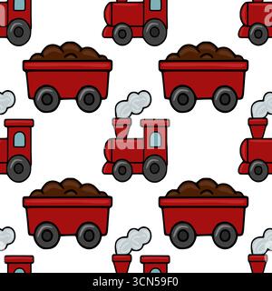 Seamless vector pattern featuring a charming Christmas train and coal cars in a playful red and brown color scheme, perfect for festive designs. Stock Vector