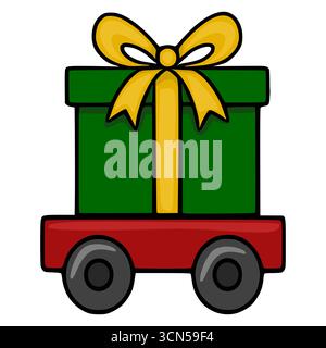 Festive vector illustration of a green gift box on a red toy wagon with large wheels, adorned with a golden bow, perfect for Christmas or holiday desi Stock Vector