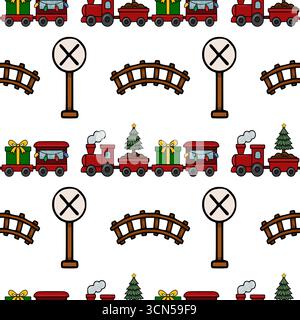 Seamless vector pattern featuring a charming Christmas train carrying gifts and a Christmas tree, accompanied by railway crossing signs and a bridge, Stock Vector