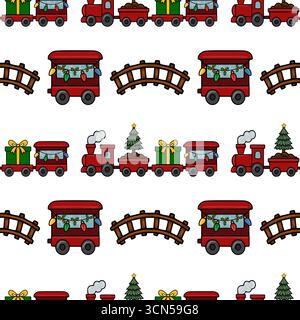 Seamless vector pattern featuring a charming Christmas train carrying gifts and a Christmas tree, along with festive railway elements, creating a joyf Stock Vector