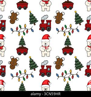 Seamless vector Christmas pattern featuring charming polar bears in Santa hats, toy trains, gingerbread men, and miniature Christmas trees, creating a Stock Vector
