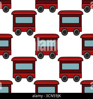 Seamless vector pattern of stylized red train carriages, perfect for Christmas-themed designs or children's illustrations, featuring a simple yet char Stock Vector