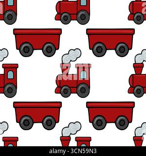 Seamless vector pattern of a cheerful Christmas train and carriages in red, perfect for festive backgrounds and children's products. Stock Vector