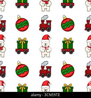 Seamless vector Christmas pattern featuring adorable polar bears in Santa hats, toy trains, gift boxes on carts, and festive baubles, creating a charm Stock Vector