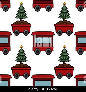 Seamless vector pattern of a whimsical Christmas train carrying potted fir trees, featuring red carriages and dark-grey wheels against a white backgro Stock Vector