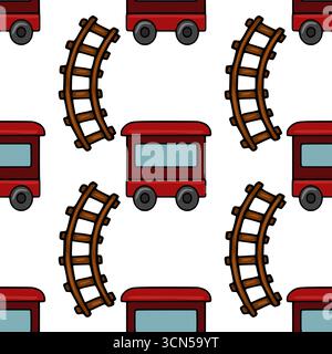 Seamless vector pattern featuring charming cartoon-style red train cars and curved brown railway tracks, ideal for festive Christmas designs or childr Stock Vector