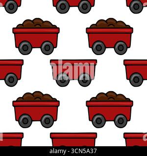 Seamless vector pattern of red toy mine carts filled with brown coal, ideal for children's textile, wrapping paper, or festive backgrounds. Stock Vector