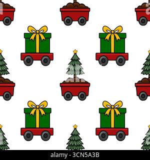 Seamless vector pattern featuring a whimsical Christmas train carrying gifts and miniature Christmas trees in red wagons, creating a joyful and festiv Stock Vector