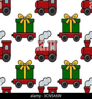 Seamless vector pattern featuring a whimsical Christmas train carrying a gift box, with charming red and green color scheme and simple cartoon style, Stock Vector