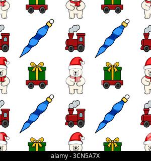 Seamless vector pattern featuring charming Christmas elements: a polar bear in a Santa hat, a toy train, a gift on wheels, and a blue Christmas orname Stock Vector