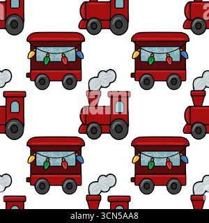 Seamless vector pattern featuring a charming Christmas train design with red locomotives, decorated carriages with festive lights and snowflakes, and Stock Vector