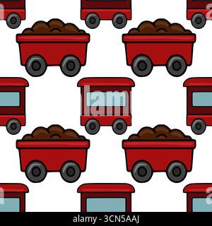 Seamless vector pattern of red toy train cars carrying brown coal, alternating with empty passenger cars, creating a playful and charming Christmas-th Stock Vector