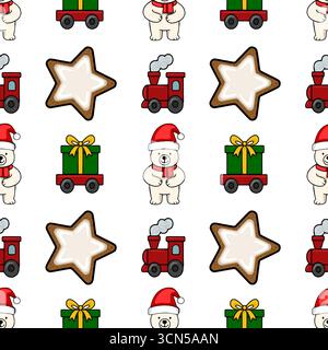 Seamless vector Christmas pattern featuring adorable polar bears in Santa hats, toy trains, star-shaped cookies, and gift-laden carts, creating a char Stock Vector