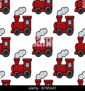 Seamless vector pattern of charming red toy trains emitting playful puffs of smoke, ideal for children's textile designs or festive wrapping paper. Stock Vector