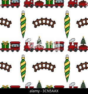 Seamless vector pattern featuring a charming Christmas train carrying gifts and a Christmas tree, along with festive ornaments and a railway bridge, c Stock Vector