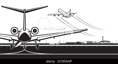 View of a plane taking off from the airport – vector illustration Stock Vector