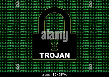 A digital padlock with a Trojan text overlay, placed against a green background filled with cascading streams of binary code Stock Photo