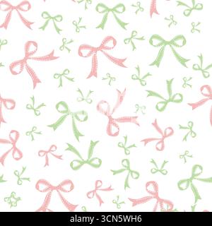 Cute coquette vector seamless pattern pink ribbon bow background. Pink green white preppy feminine romantic backdrop for textile, fabric, wallpaper Stock Vector