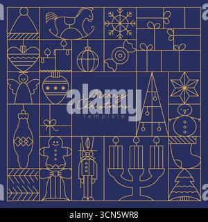 Merry Christmas art deco banner, card, box, frame, cover, decoration. Thin line luxury elegant boxes with cute christmas tree, bauble, ball, toy, gift Stock Vector