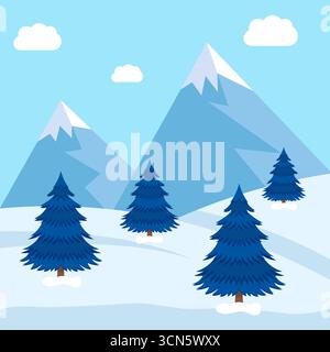 Winter Mountain Landscape with Snowy Trees Vector. Perfect for holiday designs, winter backgrounds, nature themed projects or seasonal decorations. Stock Vector