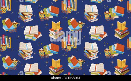 Seamless cartoon flat pattern featuring books, stacks, cocoa mug, and reading glasses. Bright hand drawn clipart for school, knowledge, study, library Stock Vector